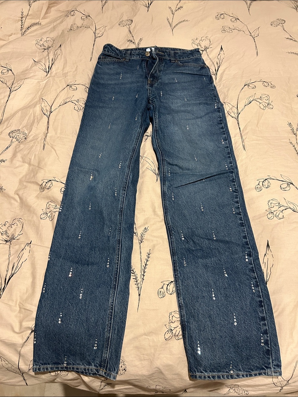 H&M Men's Straight-Leg Dark Blue Jeans with Subtle Paint Flecks